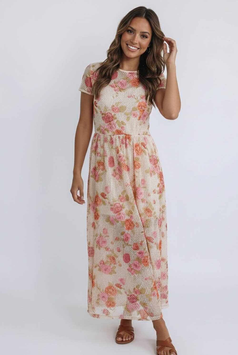 FLORAL PRINT NETTED LINED MIDI DRESS