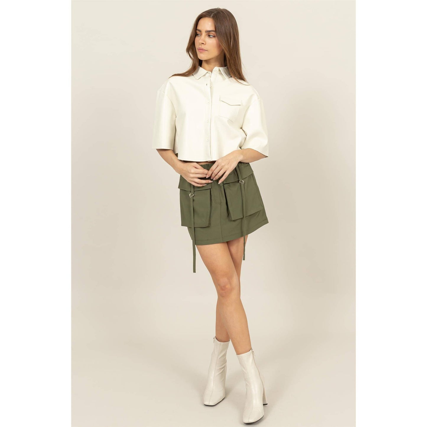 Faux Leather Button-Down Cropped Shirt Cream