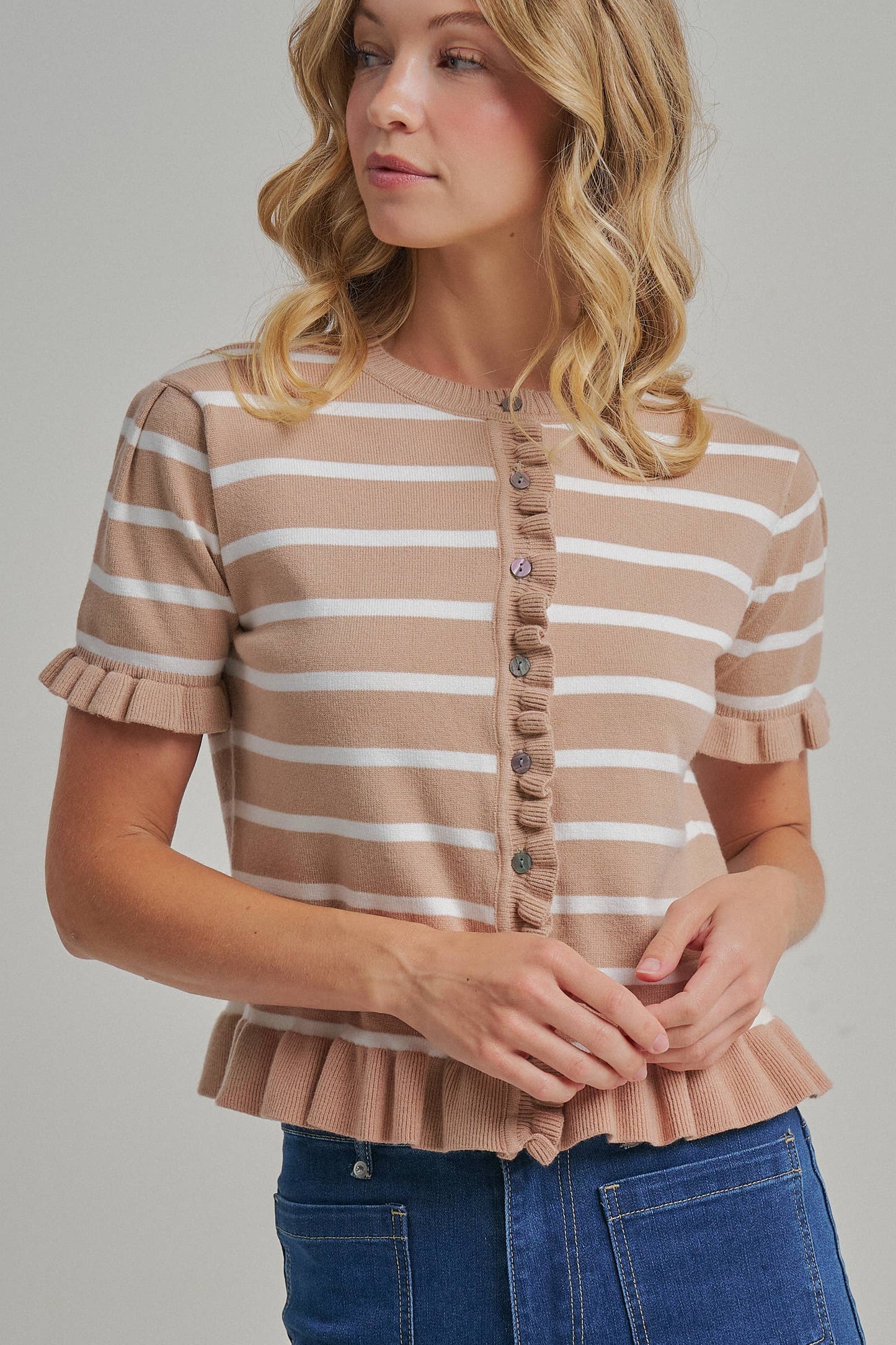 STRIPE KNITTED SWEATER BUTTON DOWN CARDIGAN TOP WITH RUFFLE