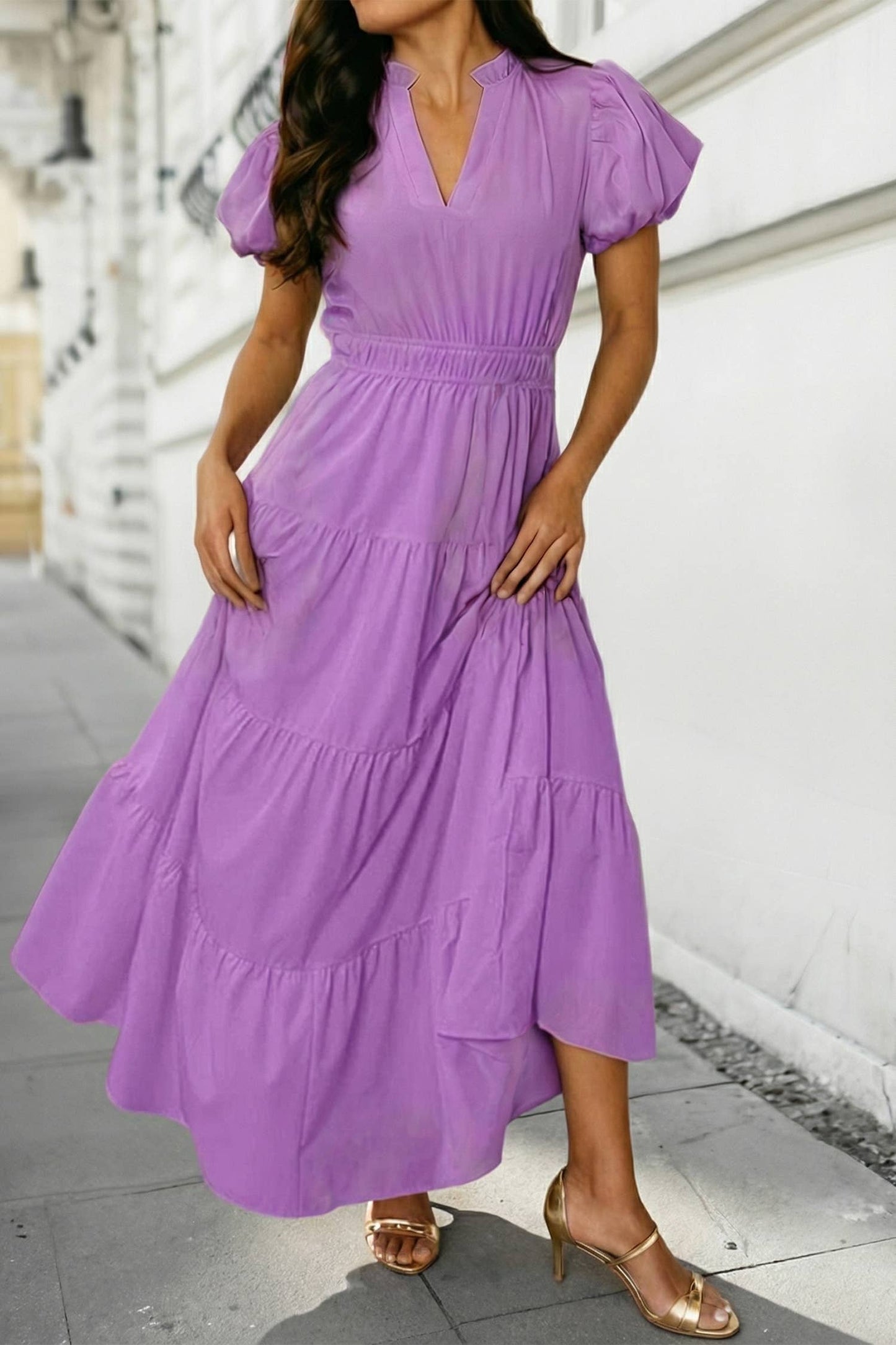 Solid V Neck Short Puff Sleeve Tiered Maxi Dress | S-XL