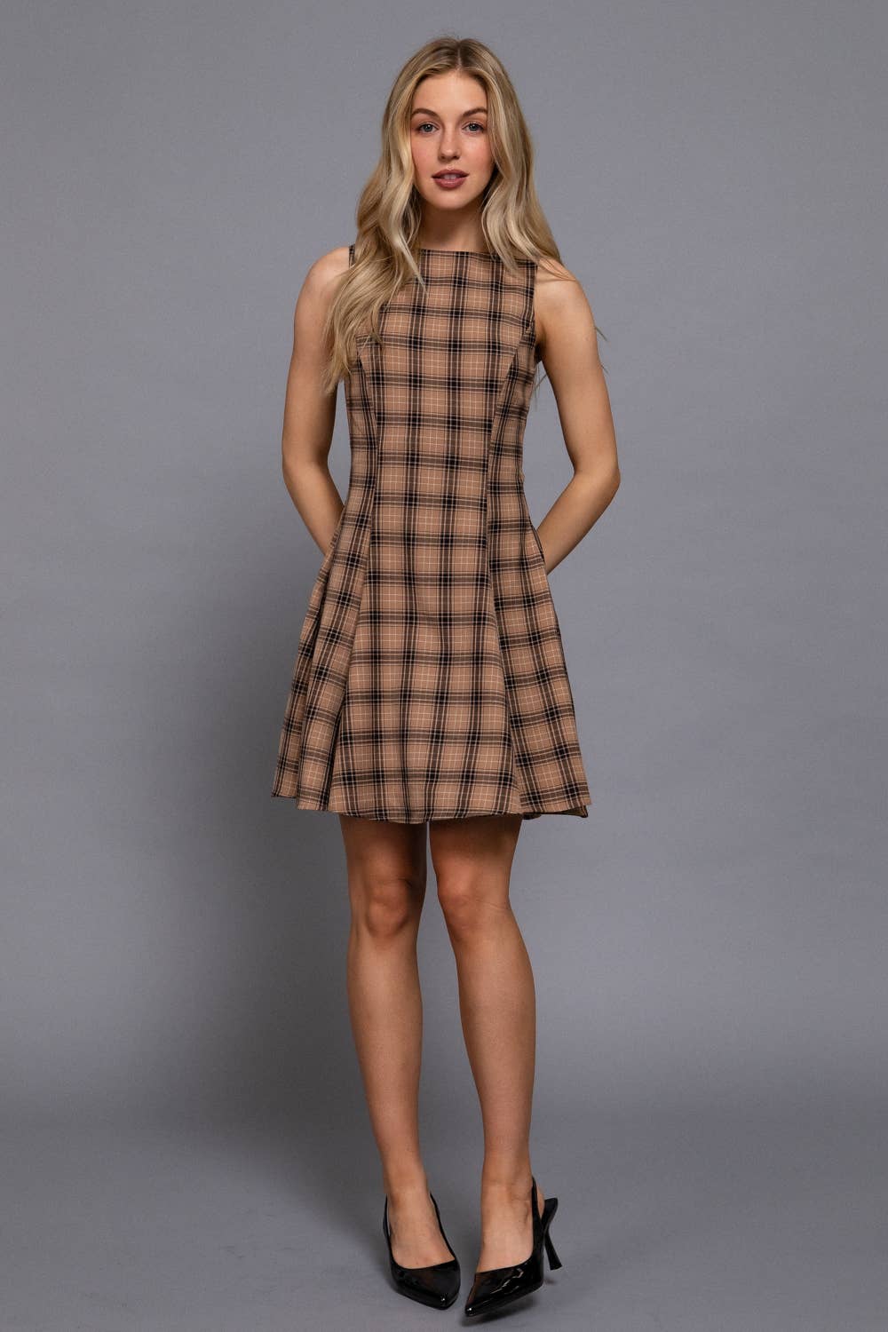 Sleeveless Boat Neck Swing Plaid Woven Mini Dress