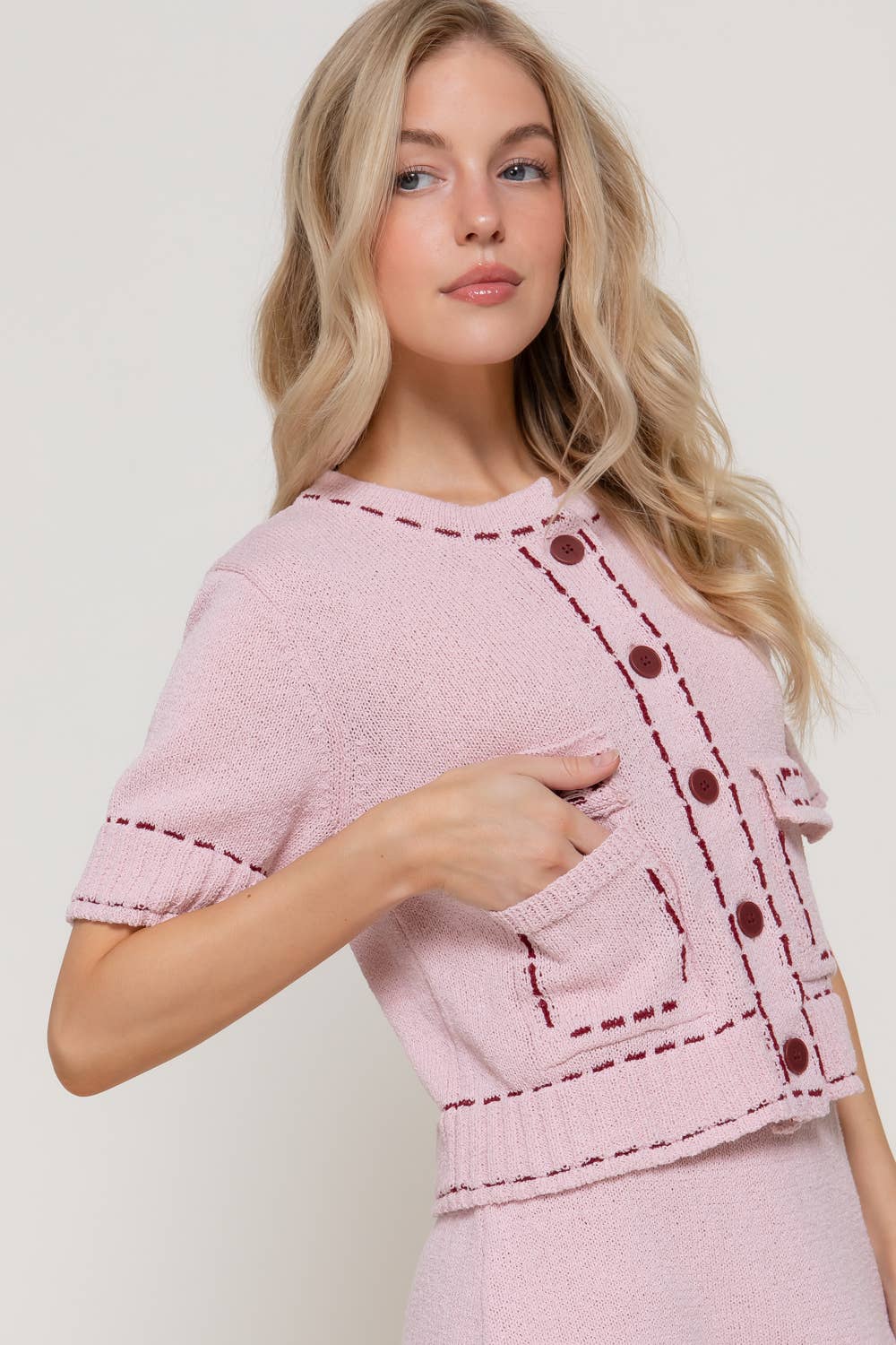 Short Sleeve Contrasting Stitched Sweater Cardigan