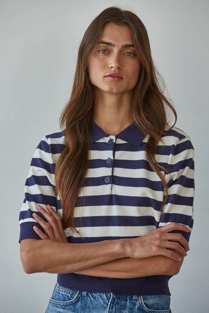 Knit Sweater Striped Half Button Up Collar Neck Top