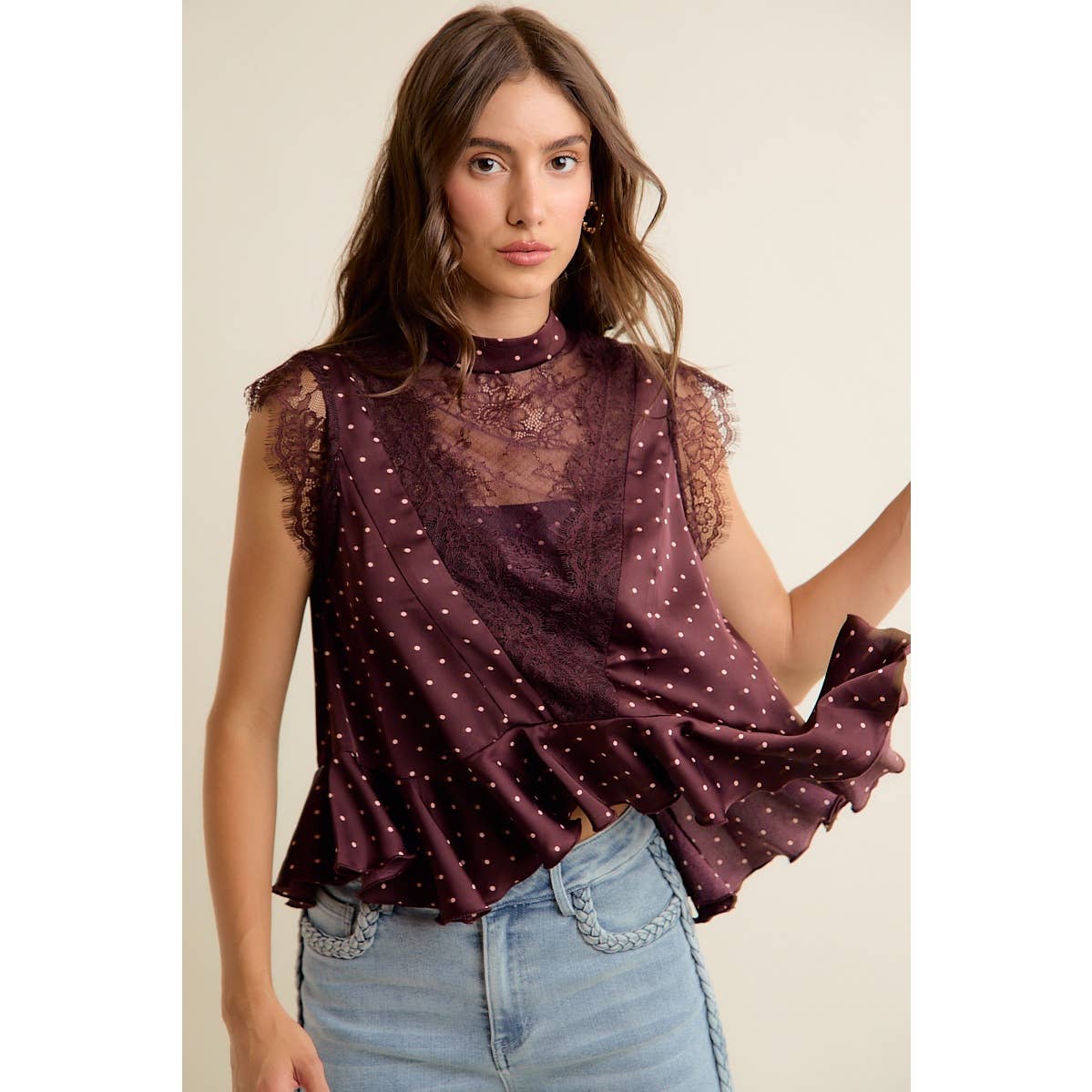 POLKA DOT LACE TRIM RUFFLED NECK BLOUSE
