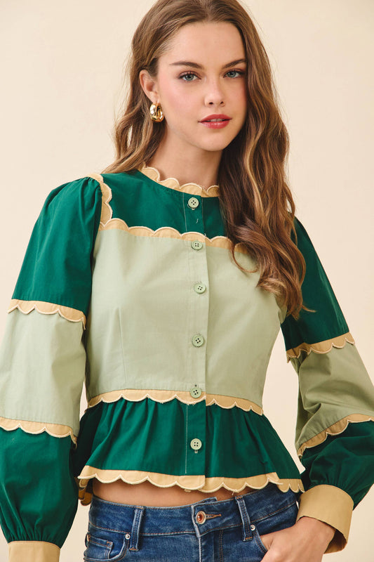 CT9030S-Color Block Scalloped Detail Peplum Top