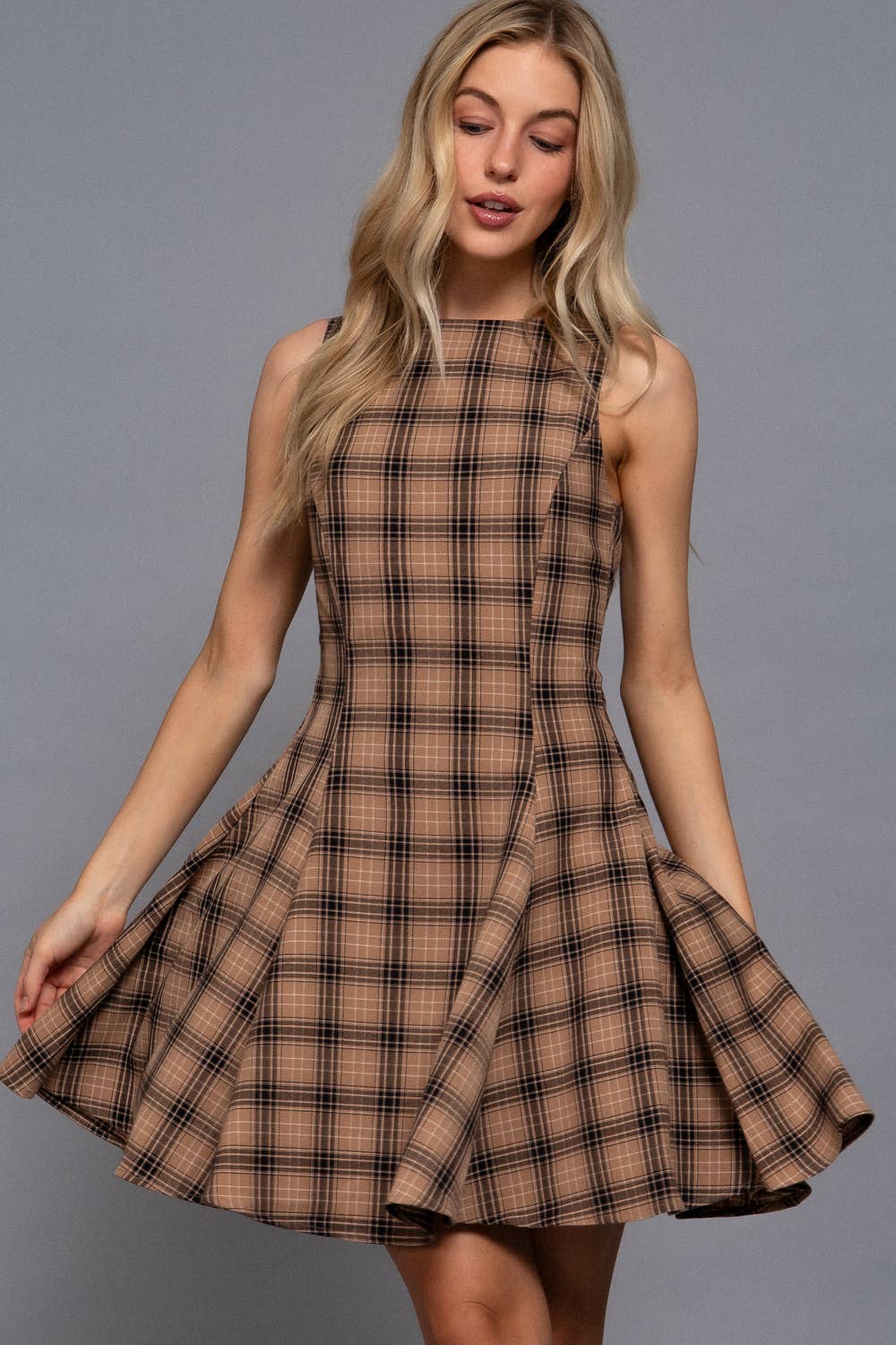 Sleeveless Boat Neck Swing Plaid Woven Mini Dress
