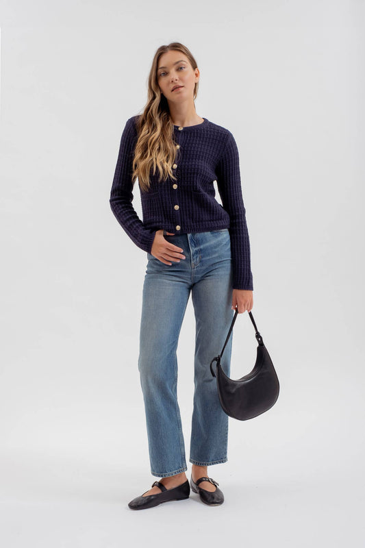 BUTTON DOWN TEXTURED KNIT CARDIGAN Navy