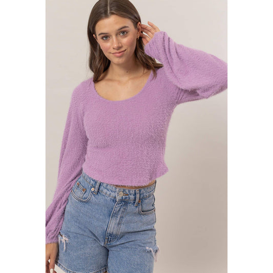 Scoop Neck Fuzzy Knit Top Purple