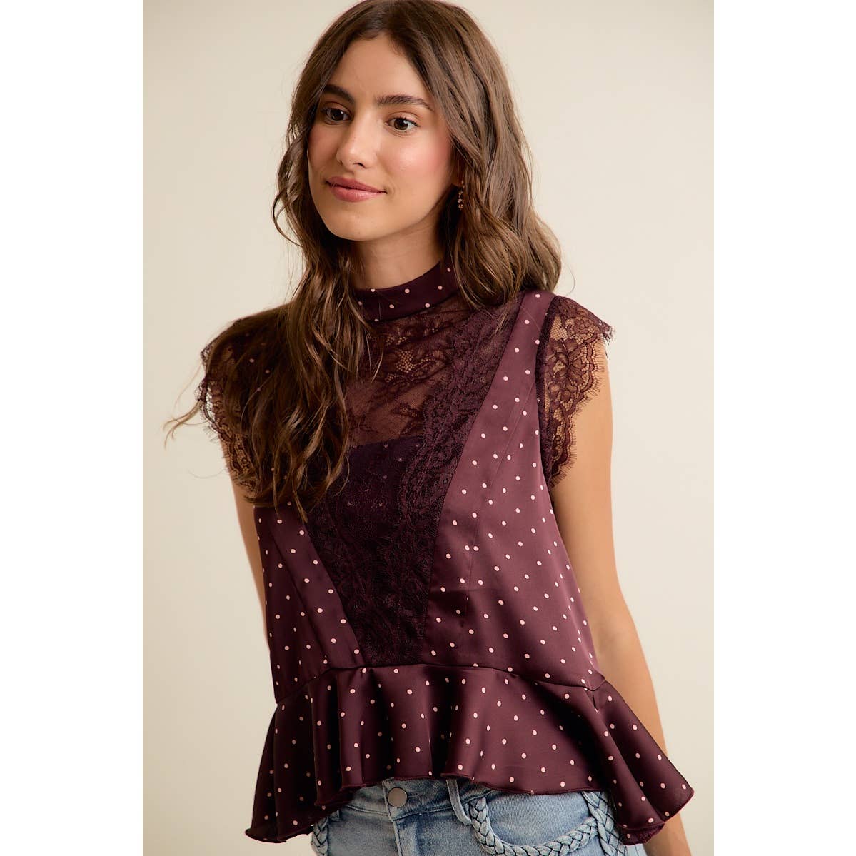 POLKA DOT LACE TRIM RUFFLED NECK BLOUSE