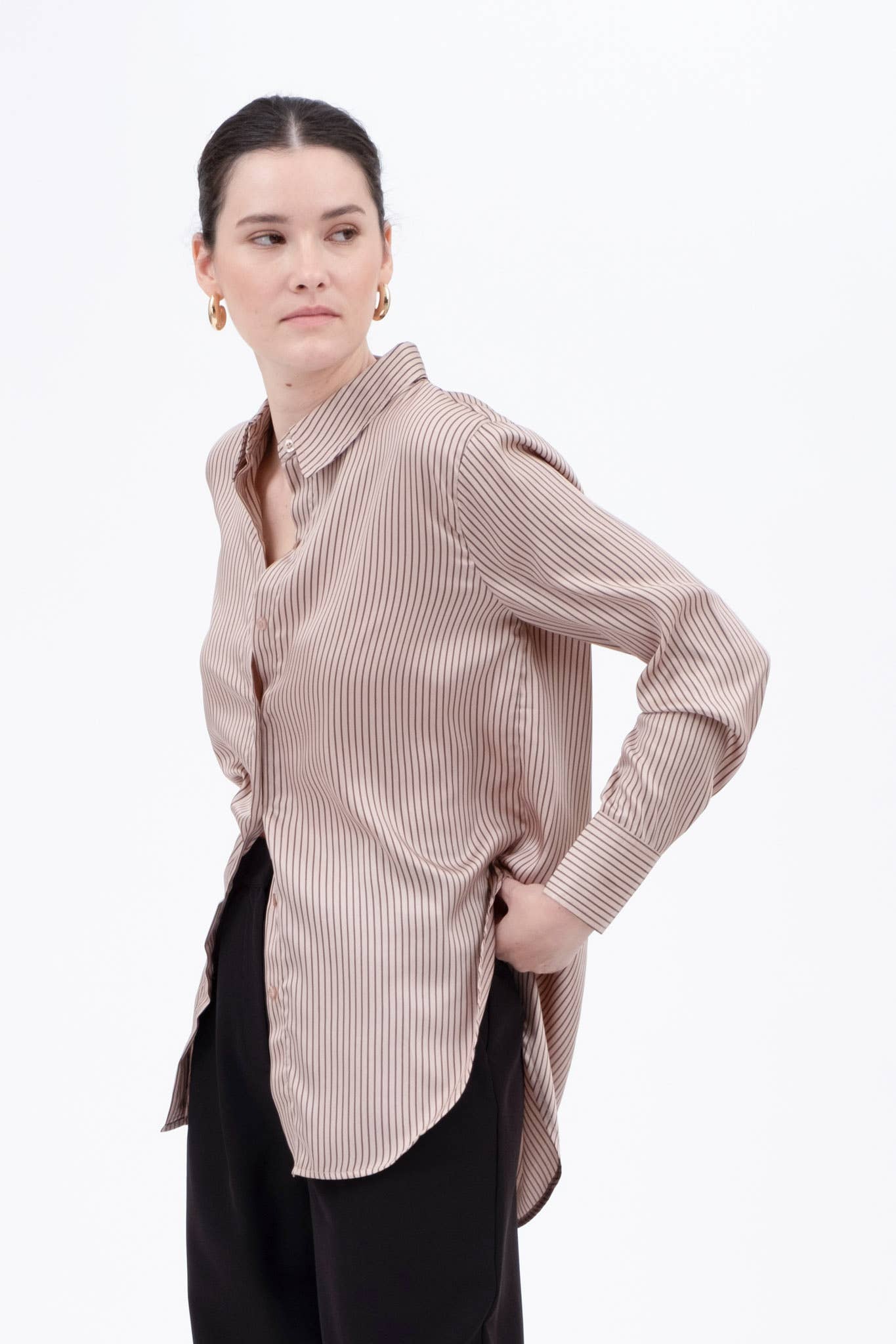 PINSTRIPE BUTTON DOWN LONG SLEEVE SATIN BLOUSE