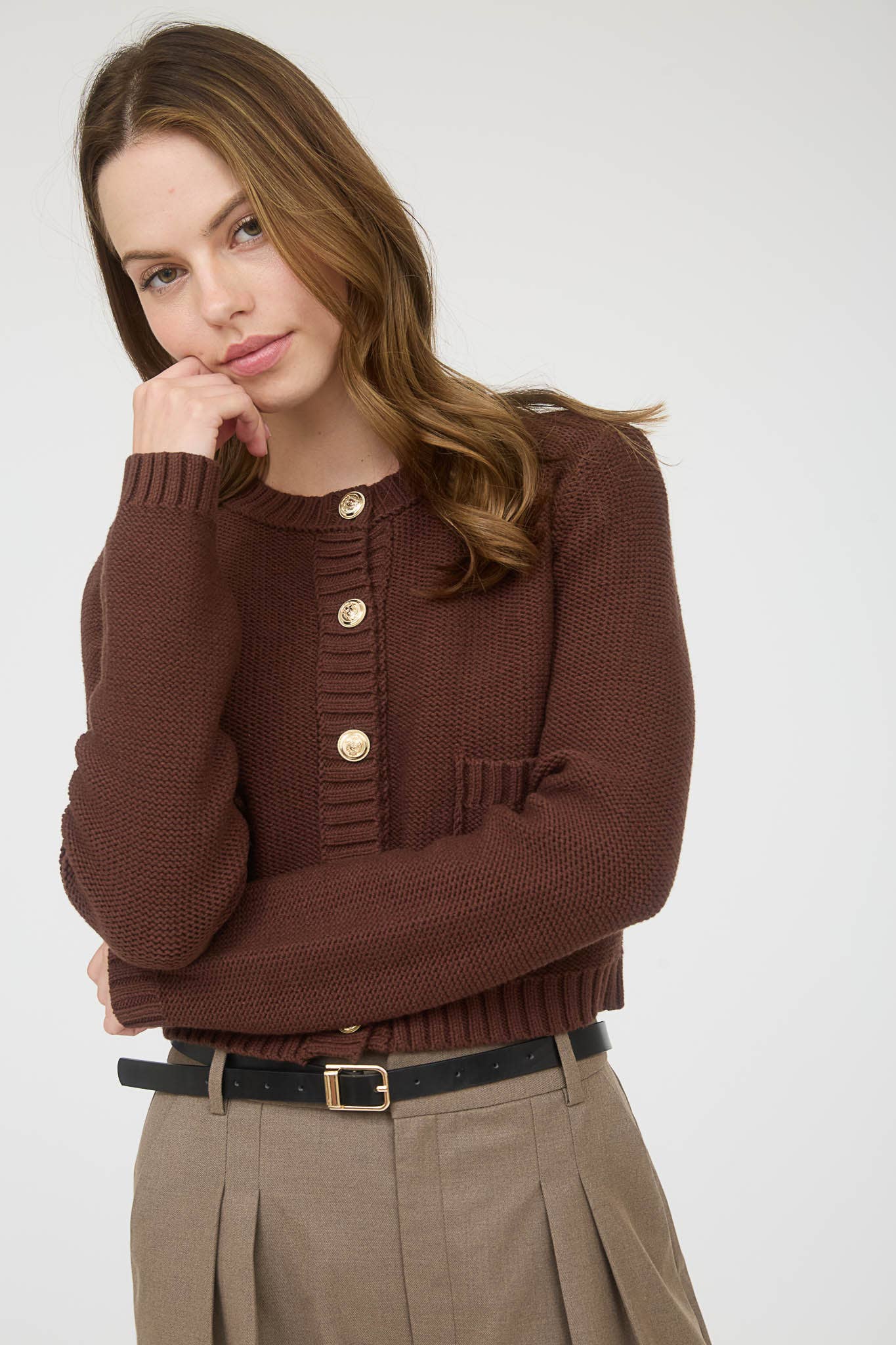 GOLD BUTTON KNIT CARDIGAN SWEATER Brown