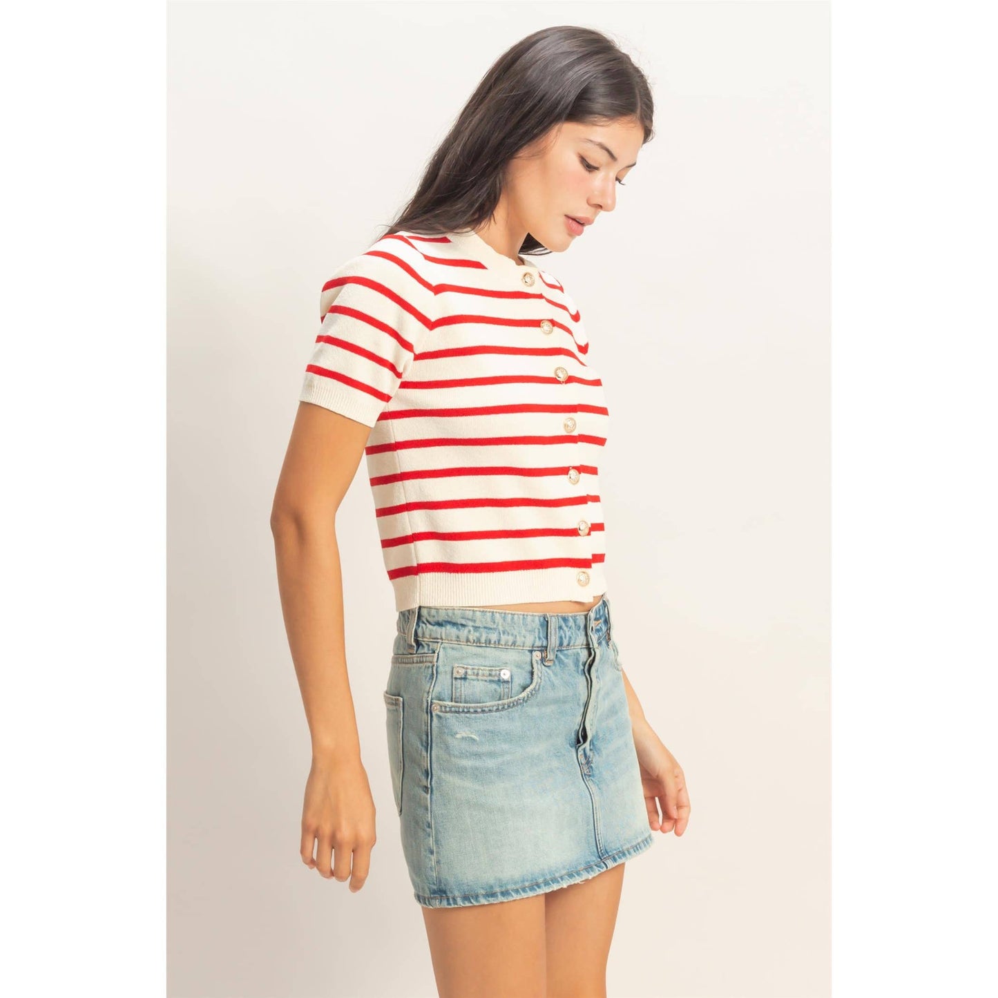 Striped Short Sleeve Button Up Cardigan
