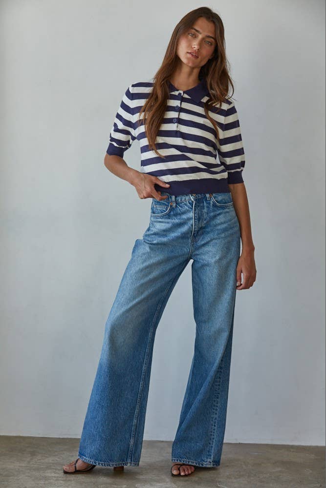 Knit Sweater Striped Half Button Up Collar Neck Top