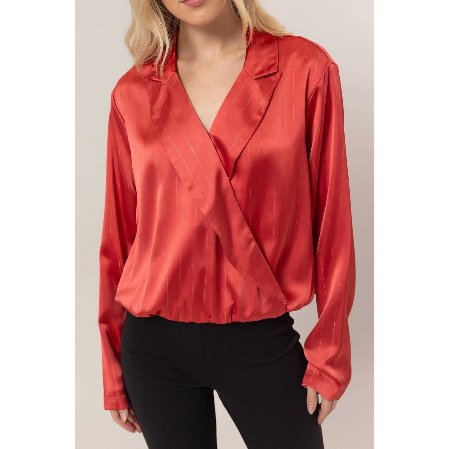 Lurex Striped Wrap Blouse Red