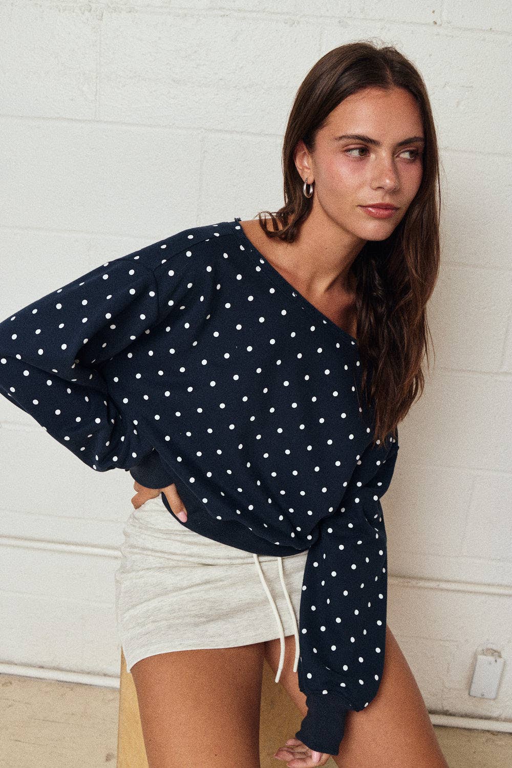 PT17835-7 Polka Dot Off Shoulder Sweatshirt Relaxed Fit