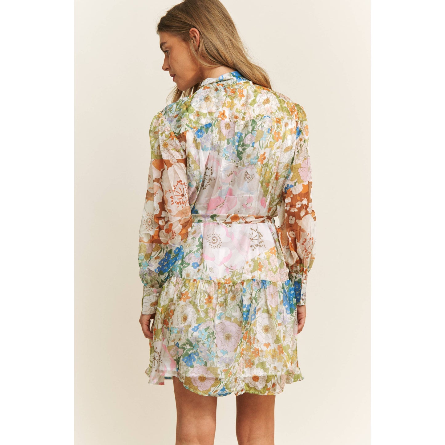 CHIFFONE FLORAL PRINT MINI SHIRT DRESS