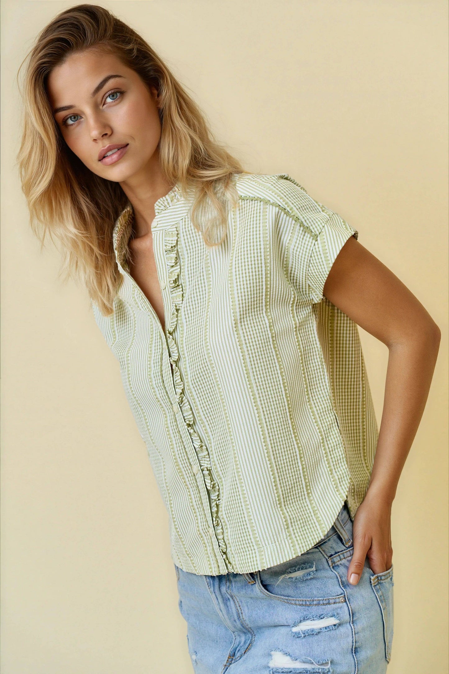 STRIPE & GINGHAM MIX BUTTON DOWN DETAIL TOP GREEN