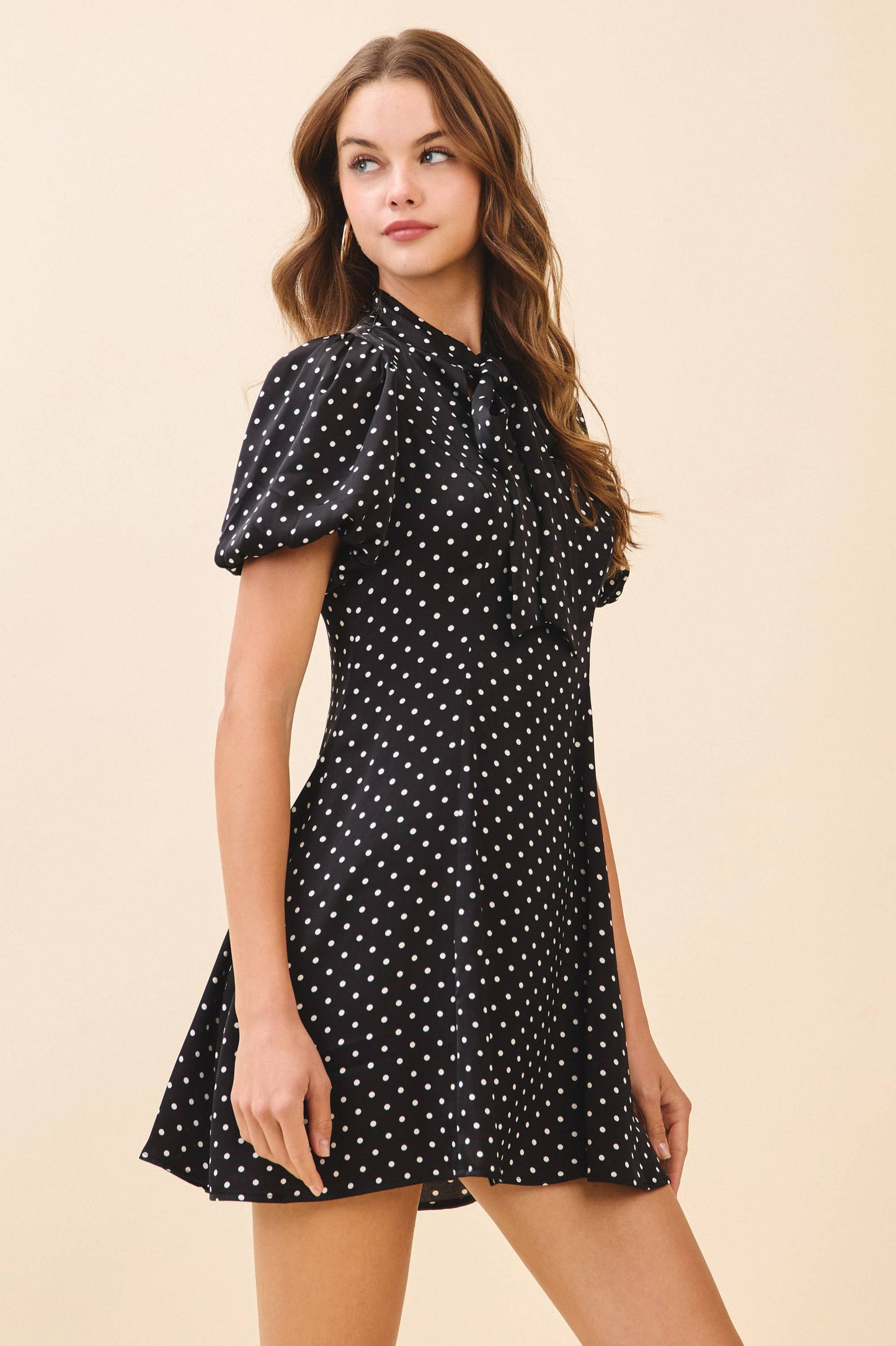 Polka Dot Print Self Tie Bow Neck Mini Dress