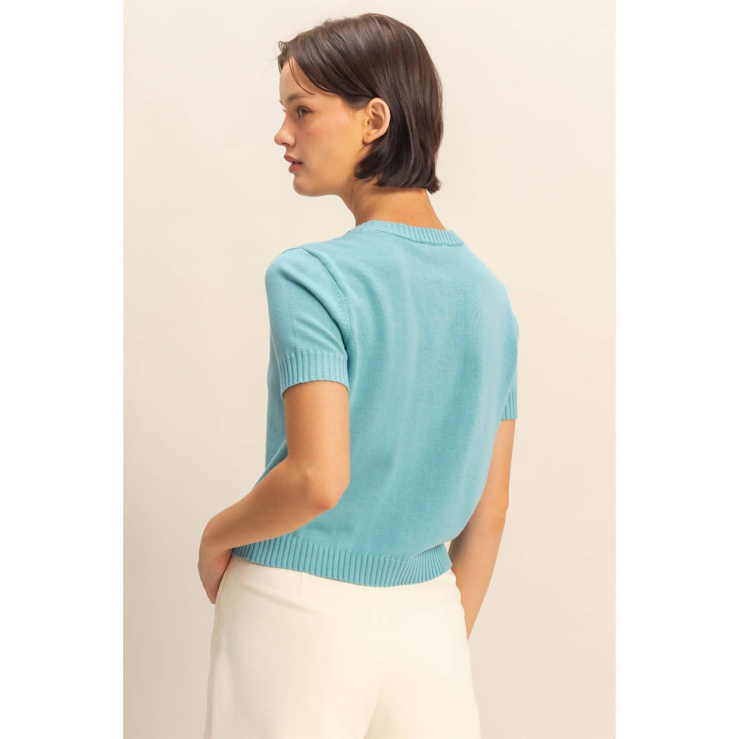 Crew Neck Short Sleeve  Buttoned Cardigan Blue