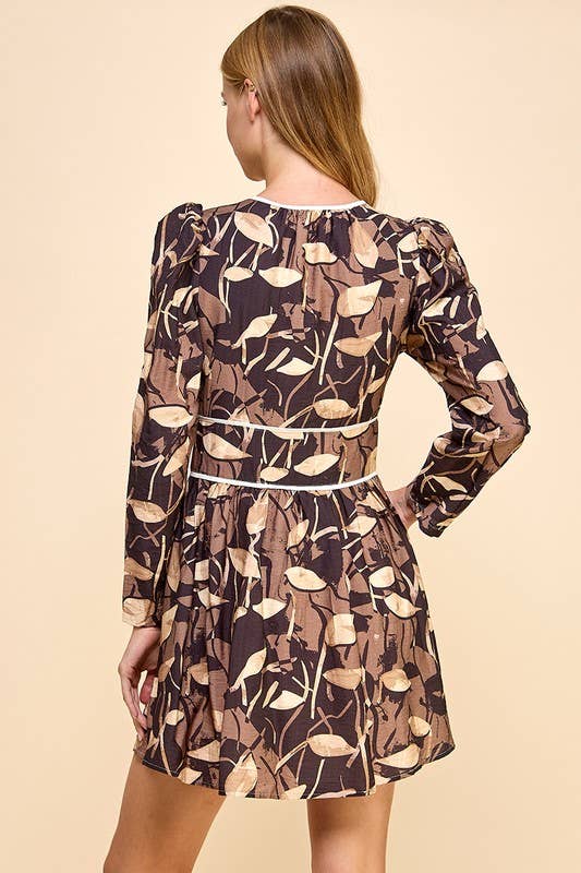 Floral Printed White Trim Detail Dress