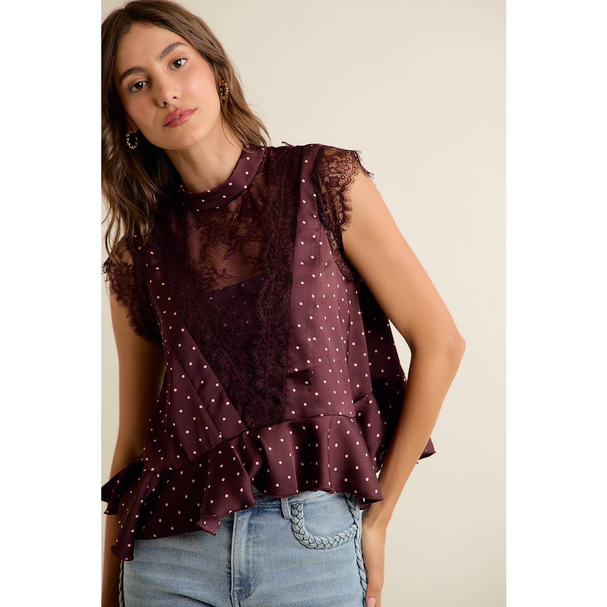 POLKA DOT LACE TRIM RUFFLED NECK BLOUSE