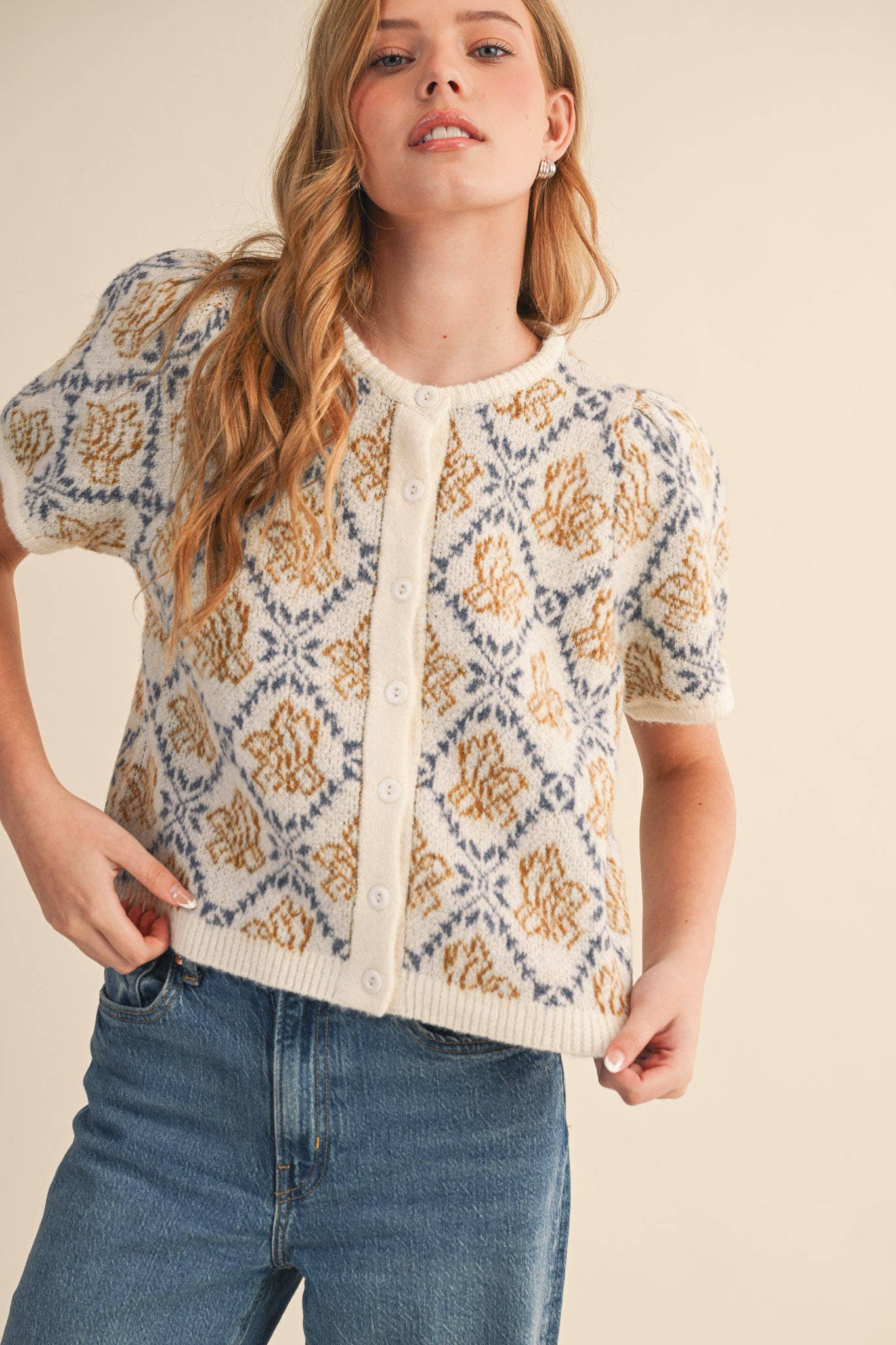 FLORAL SHORT SLEEVE SWEATER CARDIGAN Cream/Blue