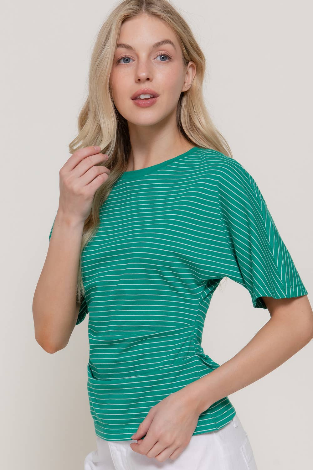 Short Dolman Sleeve Defined Silhouette Stripe Knit Top