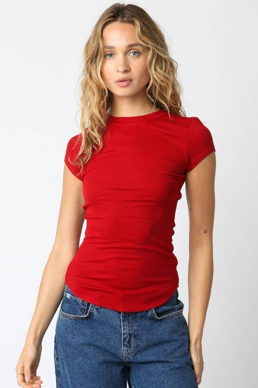 Serena Ribbed Cap Sleeve Top: Red