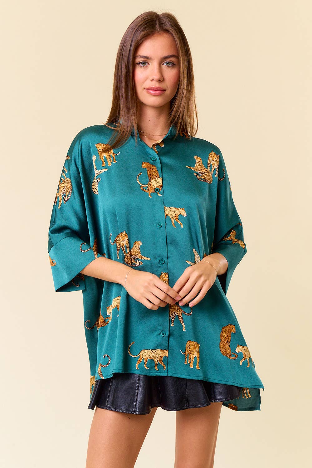 Animal Print 3/4 Sleeve Button Down Oversize Shirt