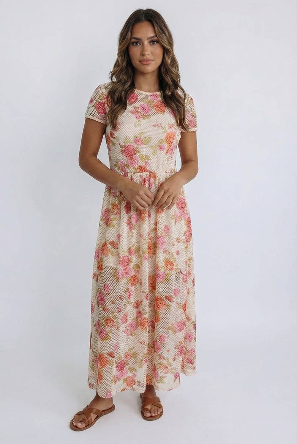 FLORAL PRINT NETTED LINED MIDI DRESS