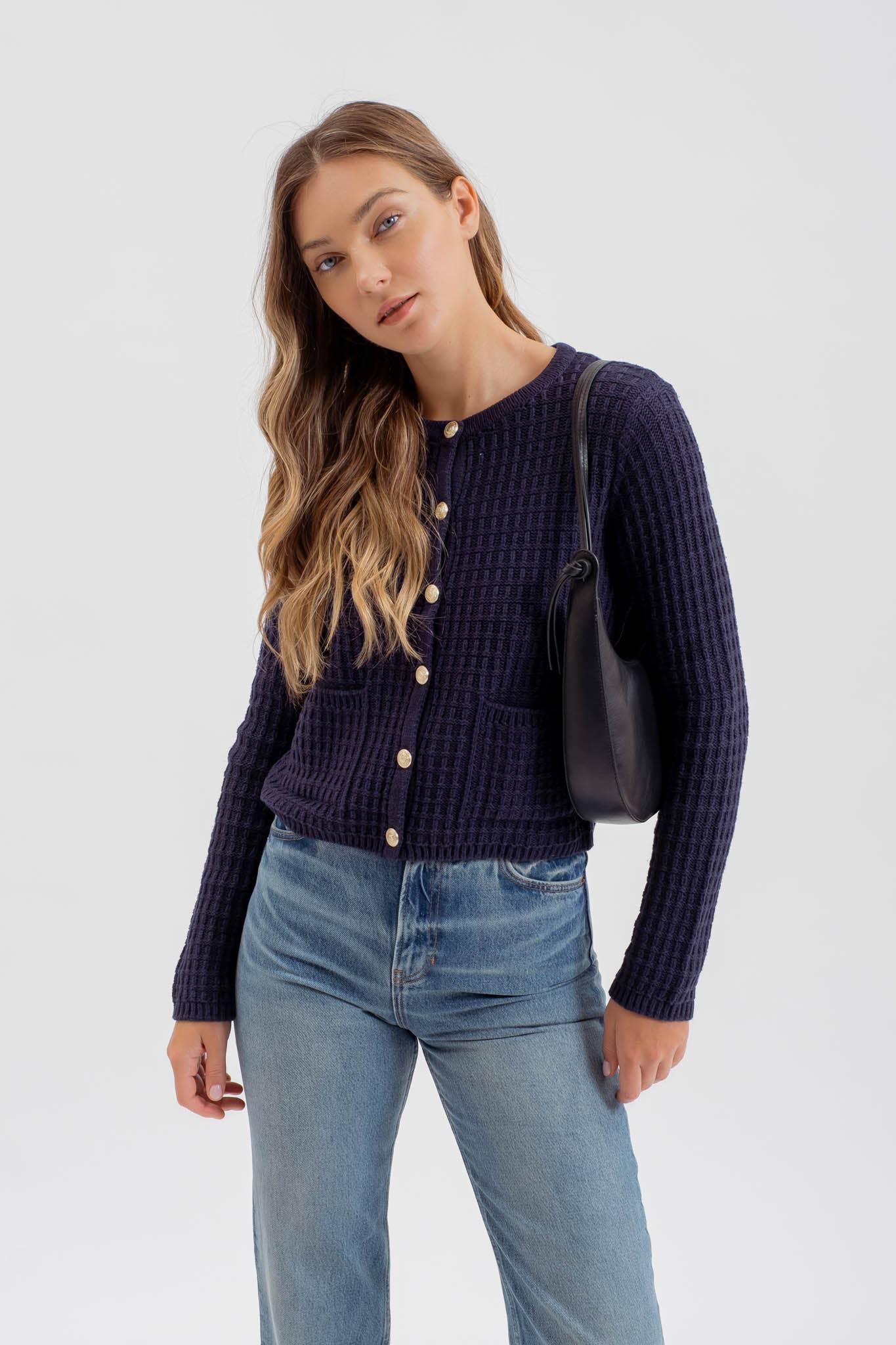 BUTTON DOWN TEXTURED KNIT CARDIGAN Navy