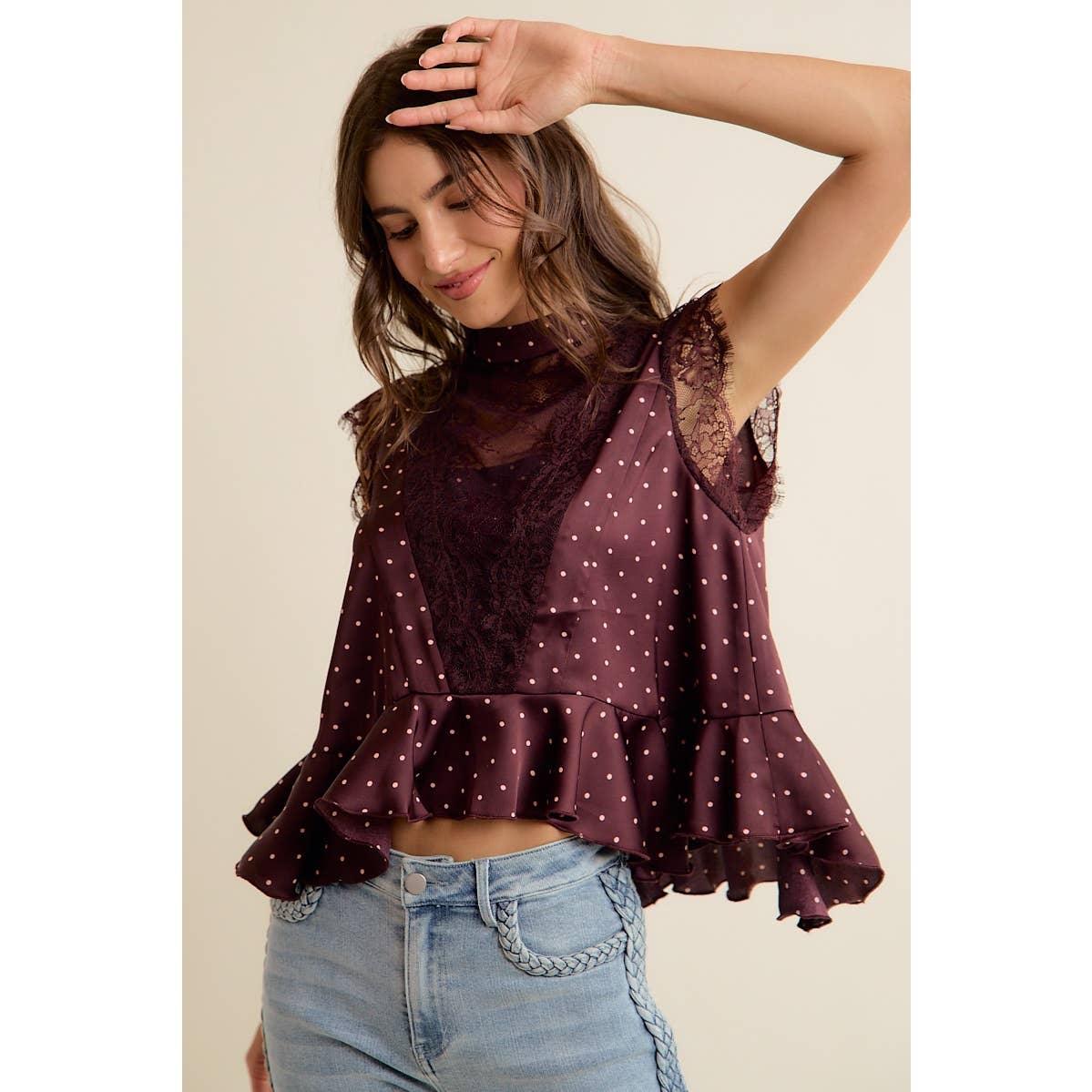 POLKA DOT LACE TRIM RUFFLED NECK BLOUSE