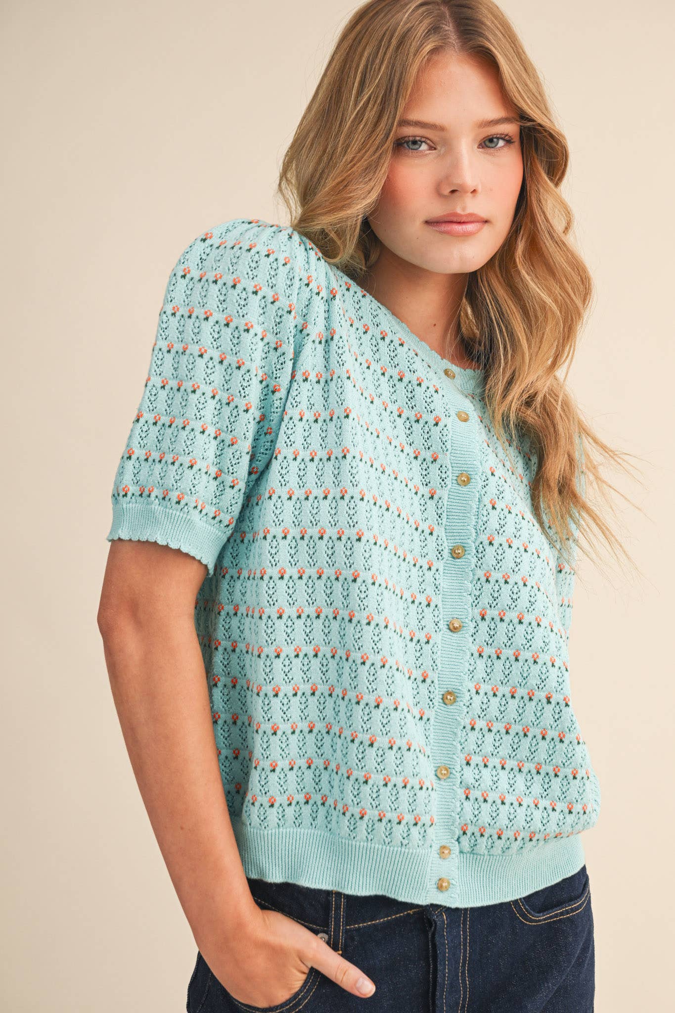 POINTELLE SHORT PUFF SLEEVE BUTTON DOWN SWEATER MSW11254