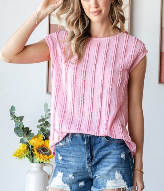 Solid Textured Cap Sleeve Blouse Pink