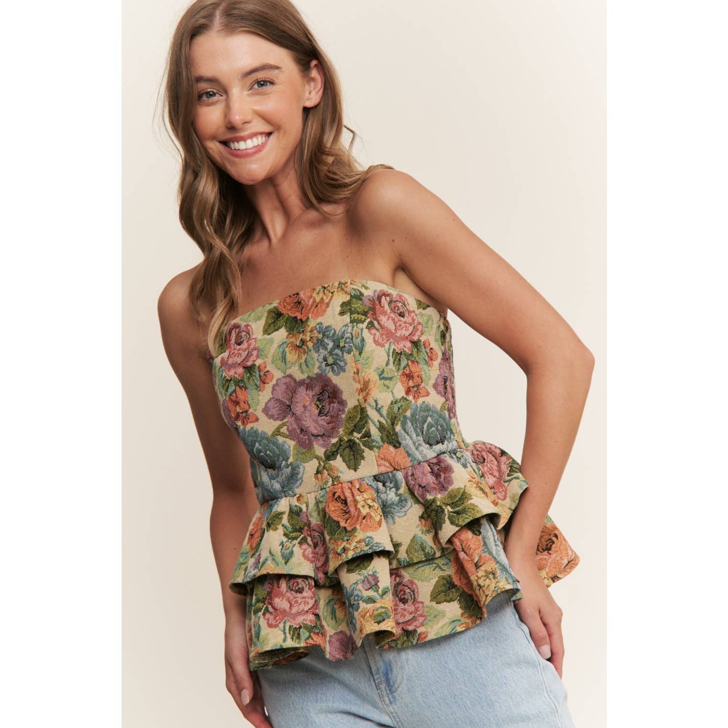 VINTAGE FLORAL PRINT WOVEN PEPLUM TIERED TUBE TOP