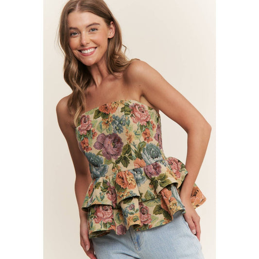 VINTAGE FLORAL PRINT WOVEN PEPLUM TIERED TUBE TOP