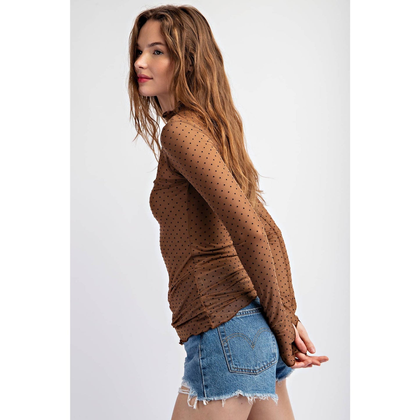 POLKA-DOT MESH LONG SLEEVE TOP