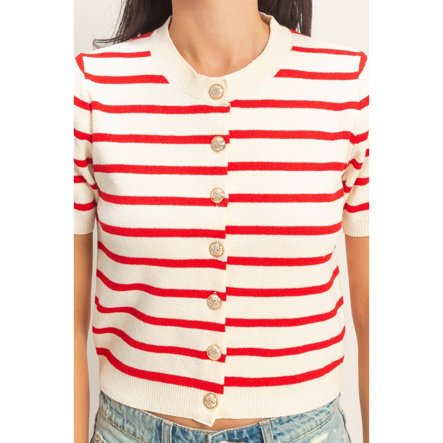 Striped Short Sleeve Button Up Cardigan