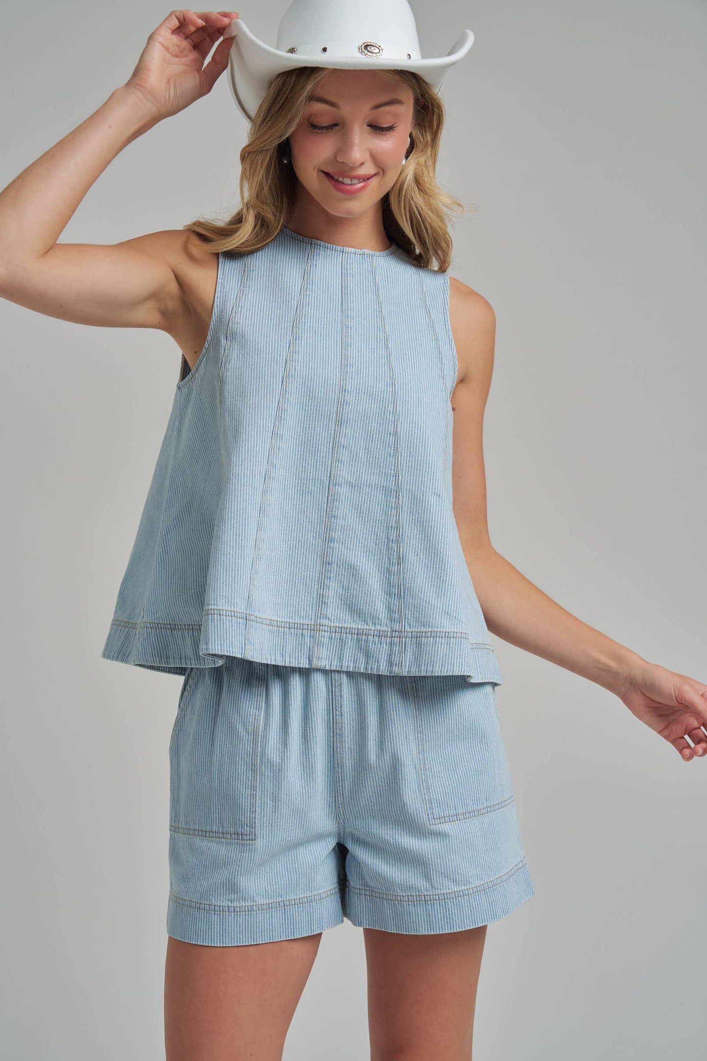SLEEVELESS PIN STRIPE DENIM TOP AND MATCHING SHORTS SET