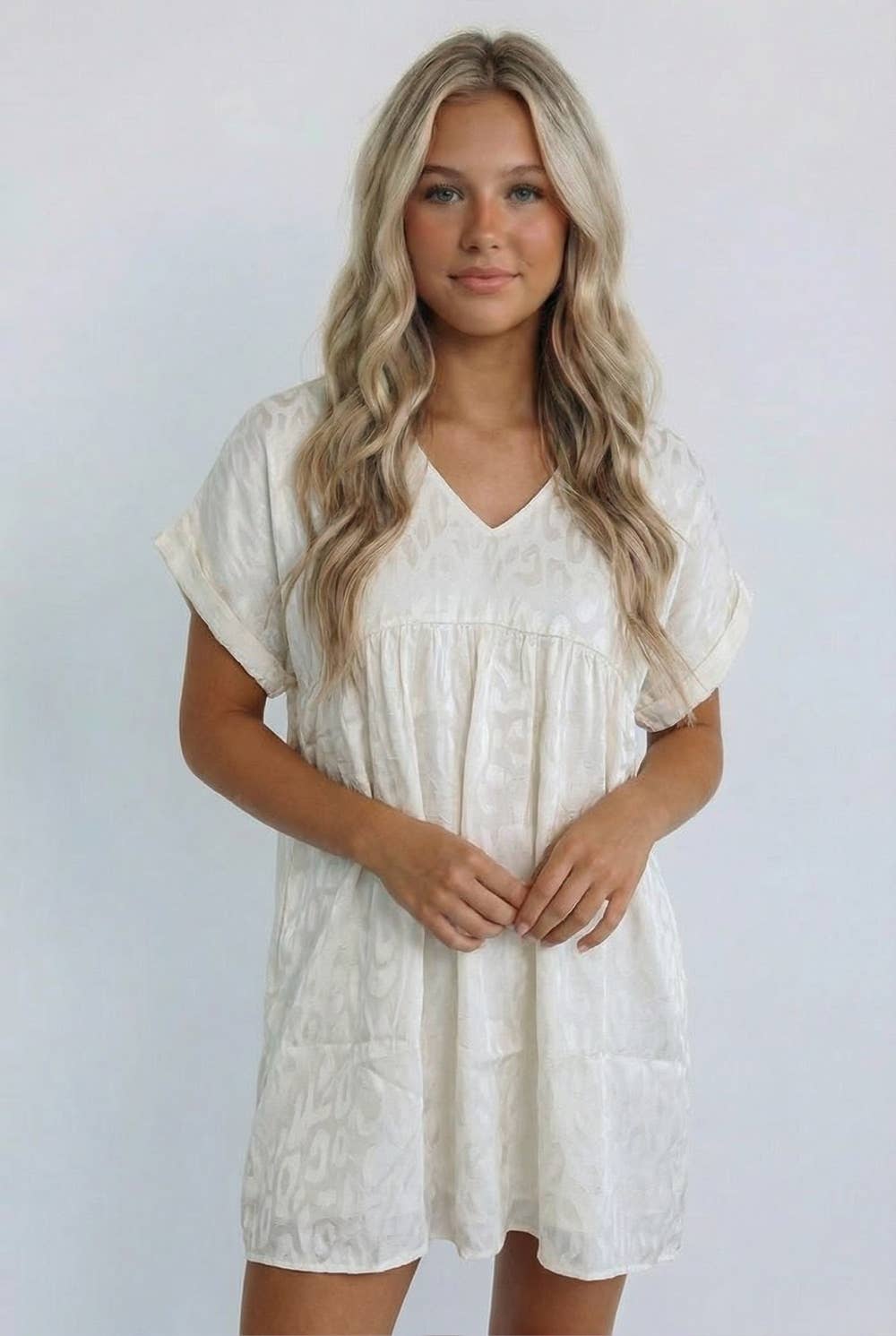 ANIMAL PRINT JACQUARD V NECK BABYDOLL DRESS