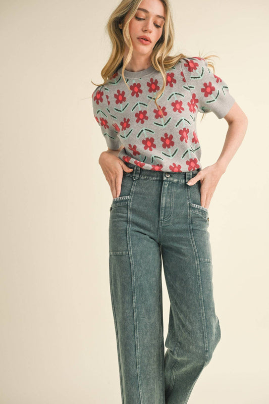 SHORT SLEEVE FLORAL KNIT SWEATER GREY
