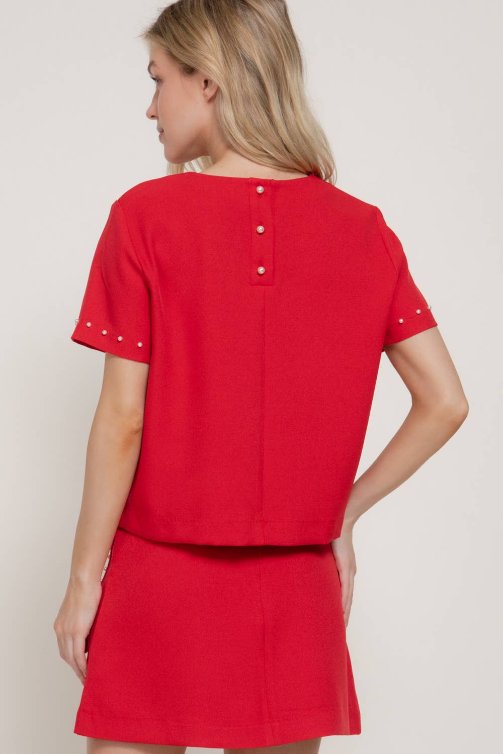 Short Sleeve Round Neck Pearl Trim Woven Top