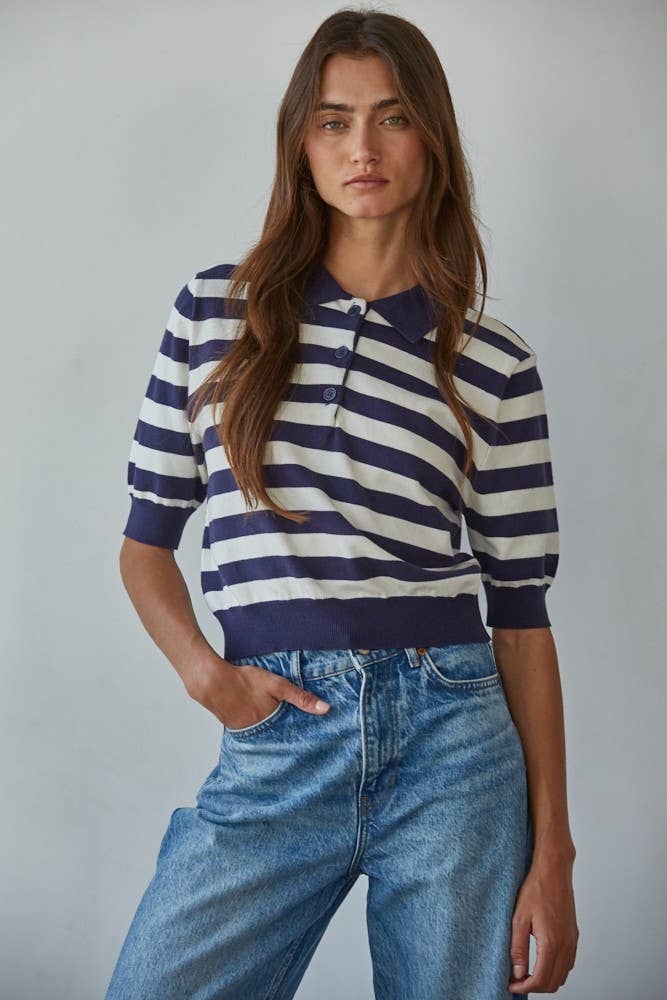 Knit Sweater Striped Half Button Up Collar Neck Top