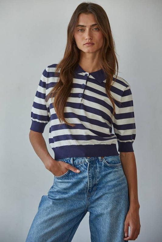 Knit Sweater Striped Half Button Up Collar Neck Top