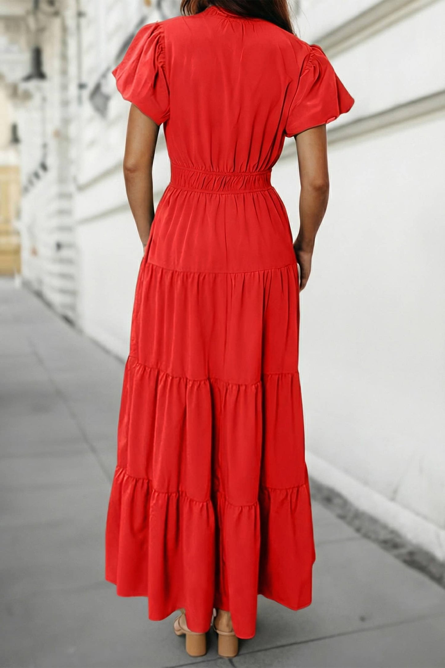 Solid V Neck Short Puff Sleeve Tiered Maxi Dress | S-XL