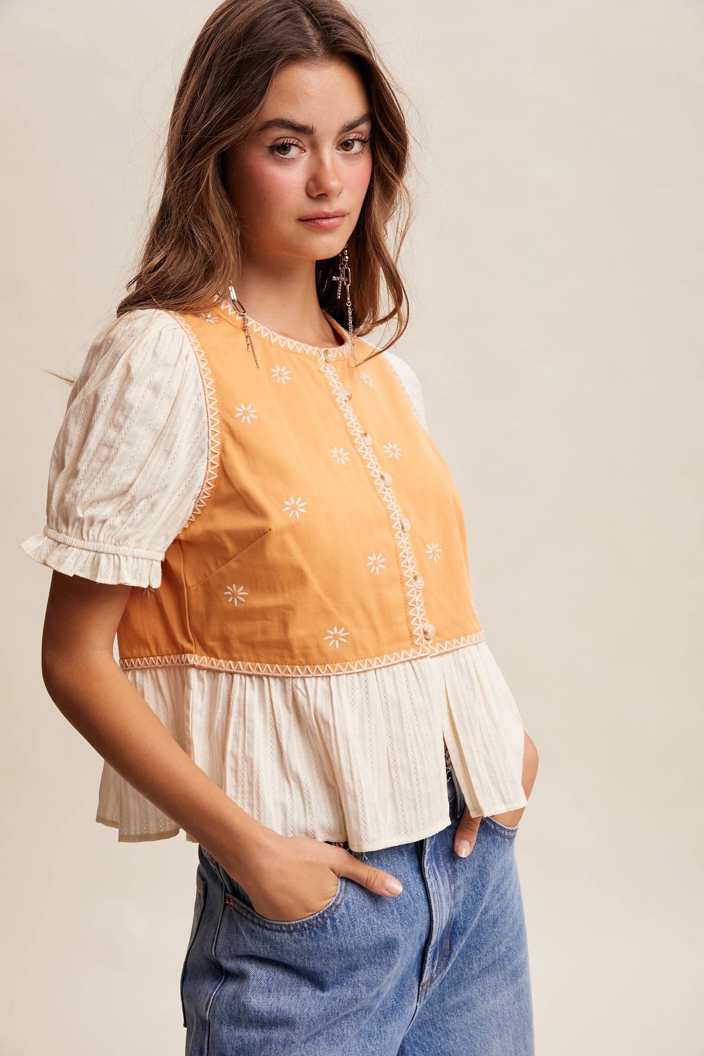 Embroidered Peplum Mixed-Media Top