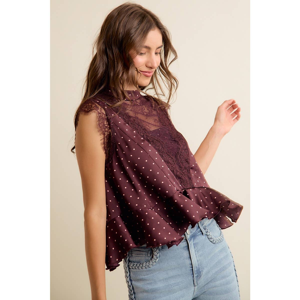 POLKA DOT LACE TRIM RUFFLED NECK BLOUSE