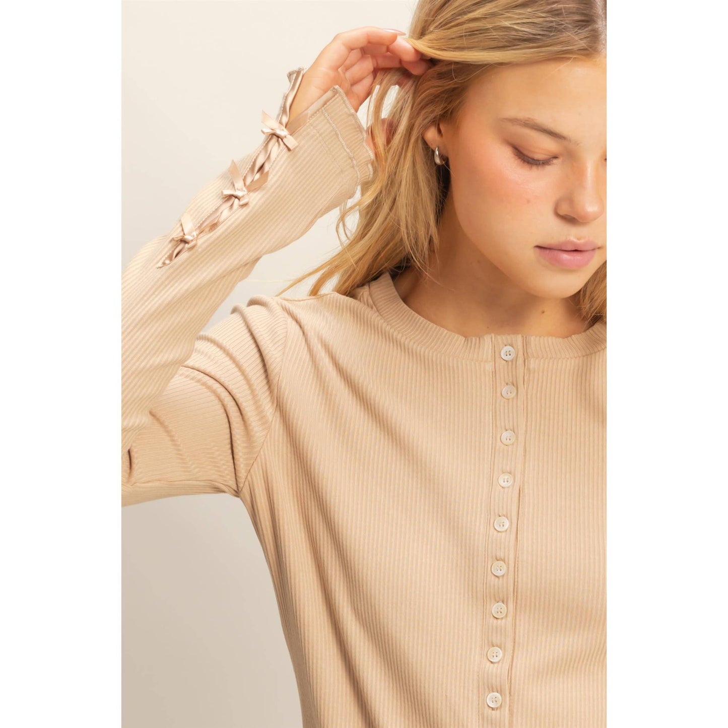 Long Sleeve Ribbed Button Down Knit Top Khaki