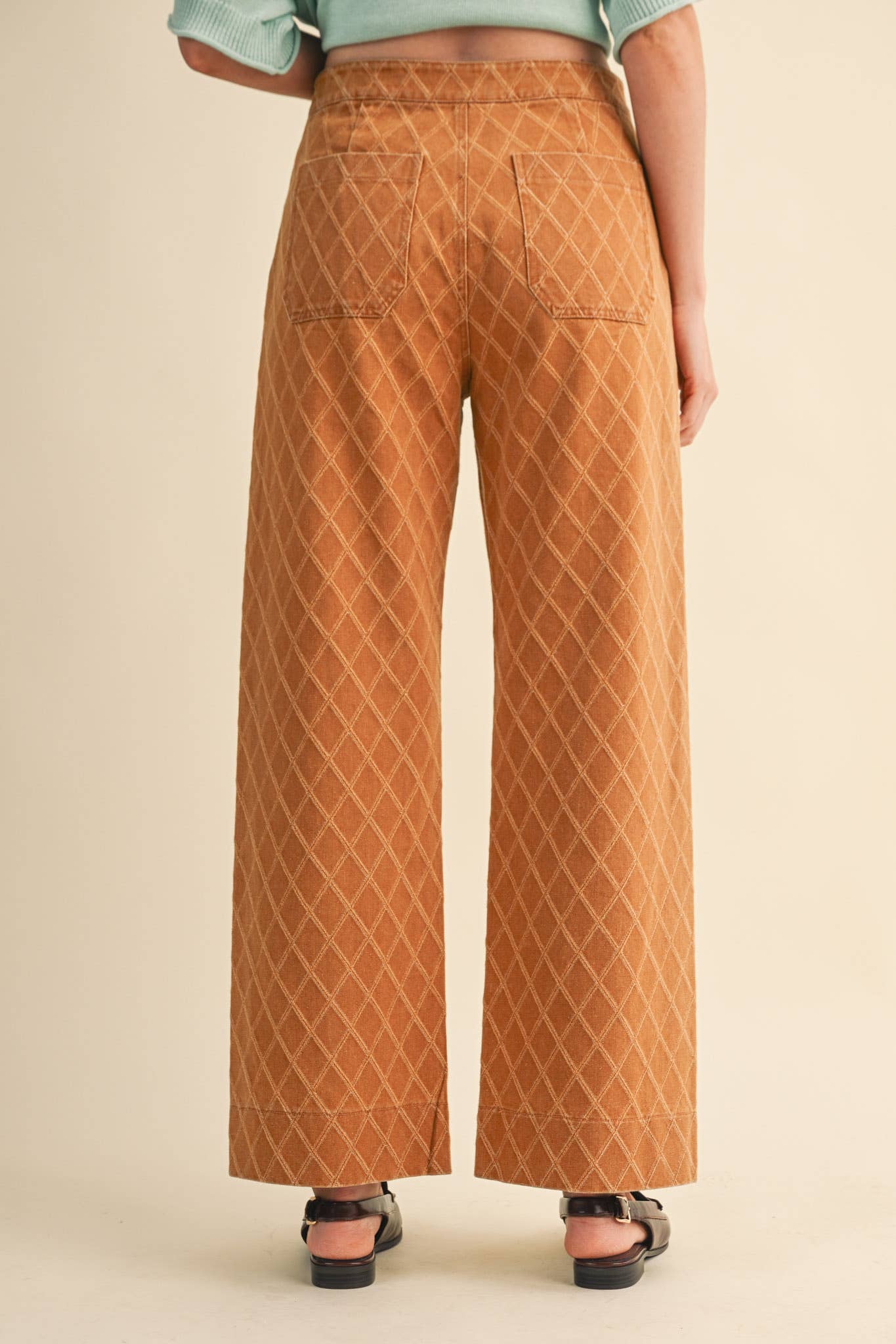 HIGH WAIST DIAMOND QUILTED TEXTURE WIDE LEG PANTS