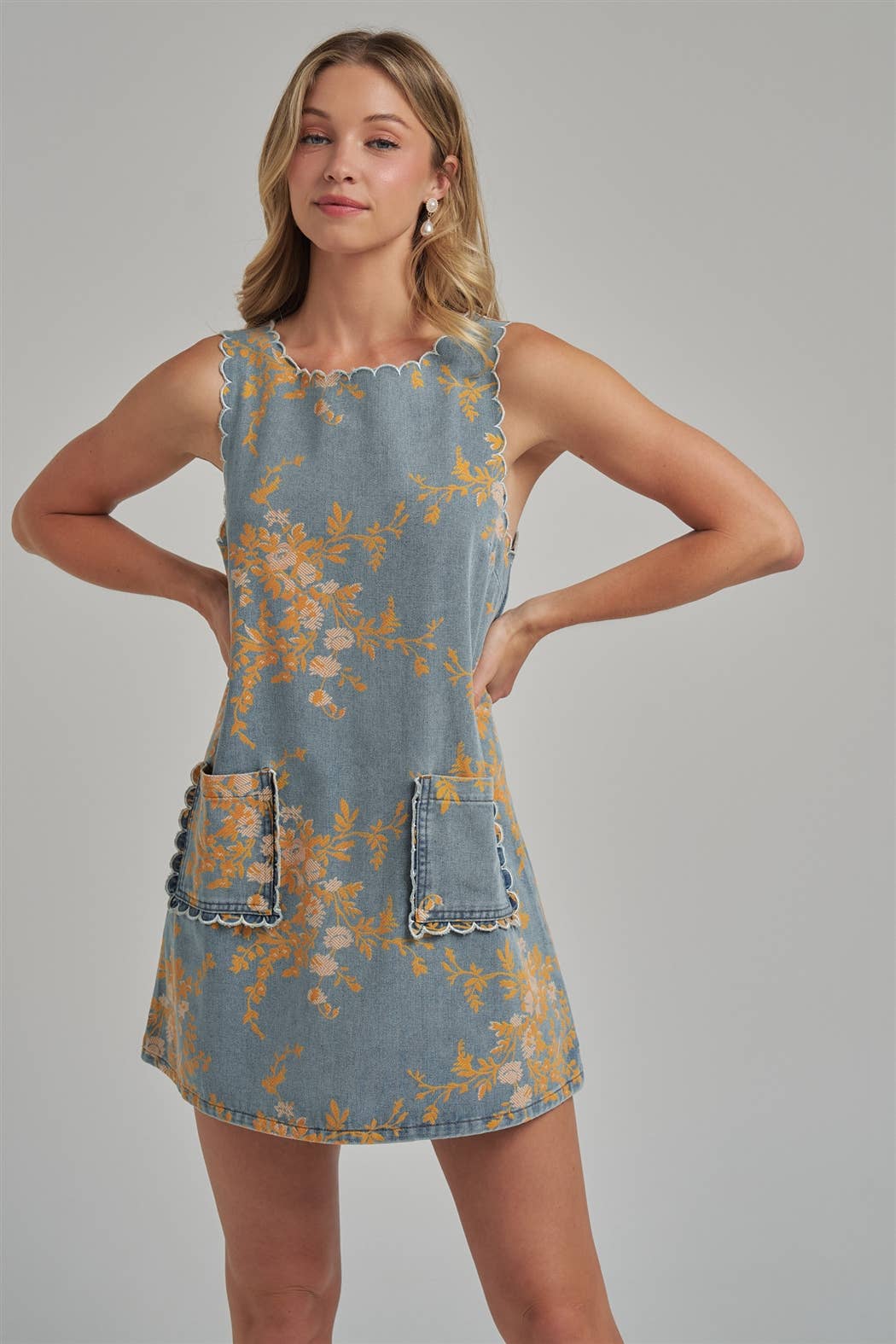 FLORAL DENIM MINI DRESS WITH SCALLOPED EMBROIDERY STITCHING
